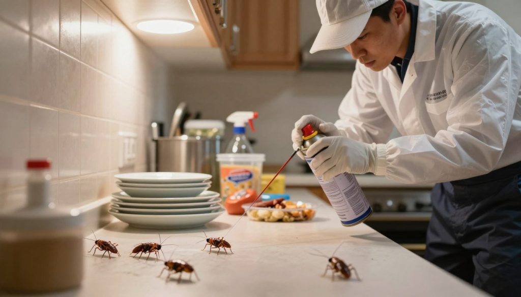 A busy kitchen interior showcasing a pest control challenge against cockroaches in an American home. In the foreground, a professional pest control technician in a clean uniform is using a spray can diligently, focusing on a corner where several American cockroaches are emerging. The middle ground features a variety of common household items, like dishes and food containers, slightly displaced to illustrate a sense of urgency. In the background, bright overhead lighting casts shadows, enhancing the feeling of action and tension. The overall atmosphere conveys a blend of concern and resolution, highlighting the difficulties homeowners face with roach infestations. The composition is captured with a slight depth of field, emphasizing the technician’s meticulous efforts against the intrusive pests.