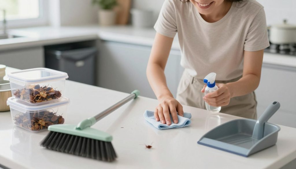A clean and organized kitchen setting, focusing on sanitation and prevention strategies against cockroaches. In the foreground, a well-maintained countertop with sealed food storage containers, a broom, and a dustpan, indicating cleanliness. In the middle, a cheerful professional in modest casual attire is demonstrating wiping down surfaces with a disinfectant cloth, emphasizing hygiene. In the background, there are properly sealed trash bins and a clear, well-lit area with no clutter, illustrating effective pest prevention methods. Soft, natural lighting enhances the fresh and clean atmosphere, and the angle captures a close-up of the actions being taken, highlighting the importance of sanitation in pest control.