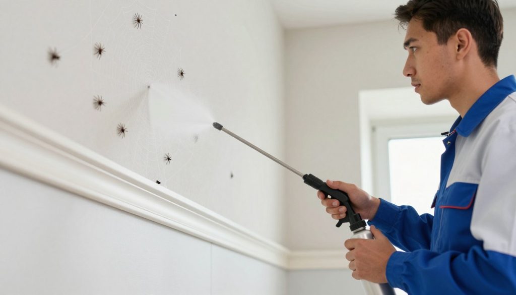 A clean, brightly lit indoor setting showcasing a professional pest control technician in a neat uniform applying a spider spray barrier treatment along the baseboards of a room. In the foreground, the technician is seen holding a modern spray device with a focused expression, emphasizing precision and care. The middle features a close-up of the spray being applied, with fine mist visibly diffusing into the air and reflecting the light. In the background, a wall covered in spider webs exhibits significant reduction in spider activity, highlighting the effectiveness of the spray barrier. The atmosphere is professional and reassuring, portraying a sense of cleanliness and safety in the environment. The image is captured from a slightly elevated angle to enhance the focus on the spraying action and its immediate effect on spider web prevention.
