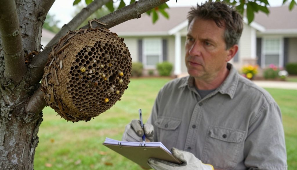 A close-up scene depicting a homeowner on a suburban property, carefully examining a bee nest in a tree branch. The foreground captures the detail of the nest, showcasing its intricate structure and honeycomb pattern. In the middle ground, the homeowner, dressed in casual but professional attire, holds a notebook and a pen, looking intently at the nest while wearing protective gloves. The background features a well-kept yard with green grass and a few flowers, under soft, natural daylight that highlights the scene's focus. The mood is serious and observant, suggesting a methodical approach to identifying the nest and understanding potential infestation patterns. The perspective is slightly angled to create depth, emphasizing the interaction between the homeowner and the nest.