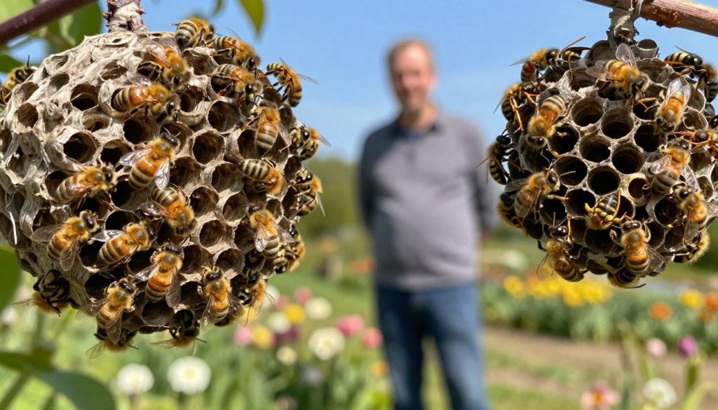 A close-up view of a bee nest and a wasp nest in a natural setting, highlighting the stark differences for safety concerns. In the foreground, a detailed bee nest with bees actively flying around it, contrasting with a lively wasp nest nearby, where wasps are aggressively defending their territory. The middle ground features a blurred figure of a professional in modest casual attire, cautiously observing the nests from a safe distance, highlighting the importance of safety. In the background, a garden scene with blooming flowers and a clear blue sky adds a serene atmosphere, while the sunlight casts soft shadows, creating a sense of tension about potential danger. The focus is on emphasizing the critical nature of approaching these nests.