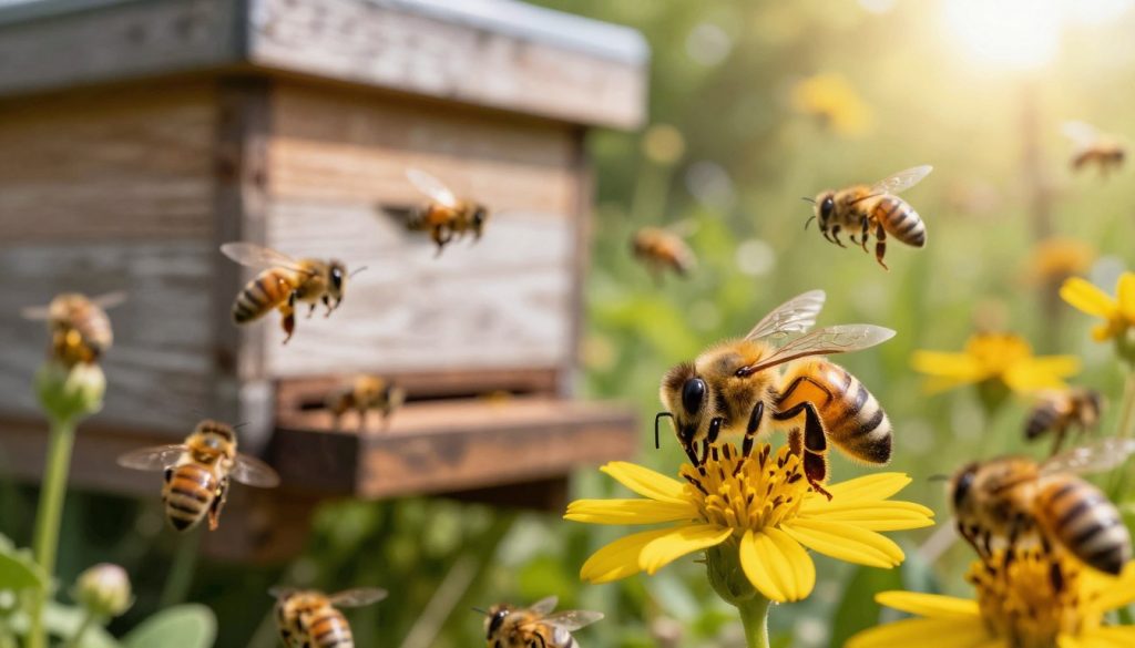 A close-up view of a honey bee and various common bee species near a hive, focusing on details of their bodies and patterns. In the foreground, several bees are depicted collecting nectar from vibrant wildflowers, showcasing their fuzzy bodies and distinct coloration. The middle ground features a rustic wooden beehive surrounded by greenery, with bees flying in and out, emphasizing their industrious nature. In the background, a gentle sunlight filters through the leaves, creating a warm, inviting atmosphere. The image captures the beauty and complexity of these pollinators in a natural setting, with a soft depth of field to enhance focus on the bees, making it perfect for educational purposes.