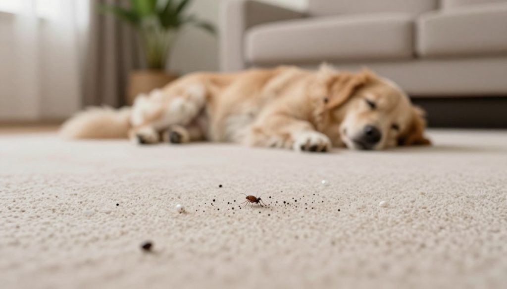 A close-up view of a living room floor, showcasing distinct signs of a flea infestation. In the foreground, a magnified image of small flea droppings resembling tiny black specks on a light-colored carpet, alongside a few flea eggs that appear as tiny white ovals. The middle layer features a calm, pet sleeping comfortably, oblivious to the infestation, with a slight focus on its fur where fleas might be hiding. In the background, a well-lit corner of the room with a potted plant and a couch, enhancing the homely atmosphere. Soft, warm lighting gives a cozy feel while subtly highlighting areas of concern. The overall mood is a blend of innocence disrupted by an underlying pest problem, encouraging recognition of infestation signs without being overtly alarming.