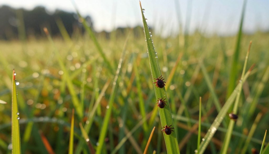 A close-up view of a vibrant patch of tall grass swaying gently in the breeze. In the foreground, the intricate details of tick activity are visible among the blades, showcasing ticks crawling on the grass stems. The middle ground features droplets of dew sparkling in the morning light, enhancing the freshness of the scene. In the background, hints of a natural landscape can be seen, such as blurred trees and a soft-focus sky, creating depth. The lighting is warm and inviting, simulating a sunlit day. The overall mood is serene yet intriguing, perfect for illustrating tick behavior in their natural habitat. The image should be sharp and well-composed, using a macro lens perspective to emphasize the ticks and grass texture.