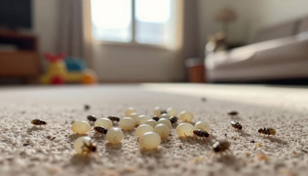 A close-up view of flea eggs and larvae infesting a domestic environment, highlighting the intricate details of the tiny creatures. In the foreground, a cluster of pale, oval-shaped flea eggs resting on a textured surface, such as a carpet fiber, with the larvae wriggling amongst them. The middle ground features a blurred but recognizable section of a cozy home, perhaps a corner of a living room with warm, natural lighting streaming in from a window, enhancing the focus on the pests. The background is softly out of focus, depicting household items like pet toys or a cat bed, creating an intimate atmosphere of a home under siege by pests. Capture this scene with a macro lens effect to emphasize the details, with a slightly warm color palette to evoke a sense of unease about the hidden infestation.