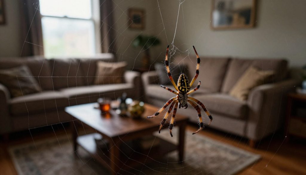 A cozy, dimly lit living room with an emphasis on the corners where various spiders are building intricate webs. In the foreground, a close-up view of a delicate spider spinning a web, showing details of its legs and the silken strands glistening with morning dew. In the middle, a slightly blurred view of a plush couch and a coffee table strewn with a few decorative items, creating a lived-in atmosphere. The background features a window with soft natural light filtering in, highlighting the dust particles in the air. The mood is one of curiosity and subtle tension, capturing the coexistence of comfort and the unexpected presence of spiders. The angle is low, focusing on the spider's activity while maintaining the warmth of the home environment.