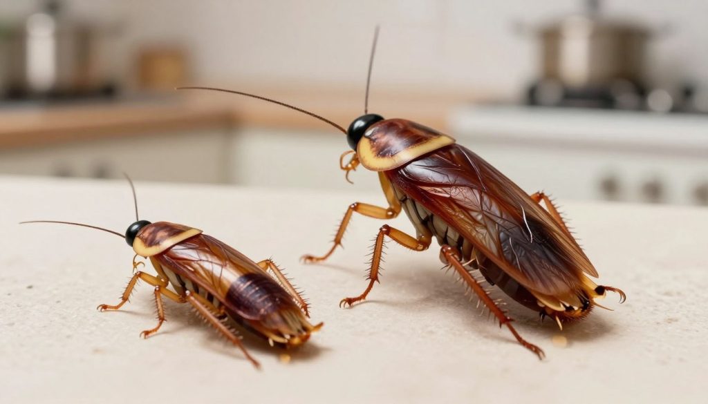 A detailed and educational illustration depicting a German cockroach and an American cockroach side by side for identification purposes. In the foreground, the German cockroach, smaller, light brown with two dark stripes on its back, is poised on a light-colored surface with its characteristic long antennae. Next to it, the larger, darker brown American cockroach displays its shiny exoskeleton and yellowish edges on its wings, emphasizing its size difference. In the middle ground, a subtle blurred background of a kitchen setting is visible, hinting at common environments where these pests are found. The lighting is bright and natural, creating a clean and informative atmosphere. The angle is slightly overhead to allow clear visibility of both cockroaches, enhancing the educational aspect of the image.