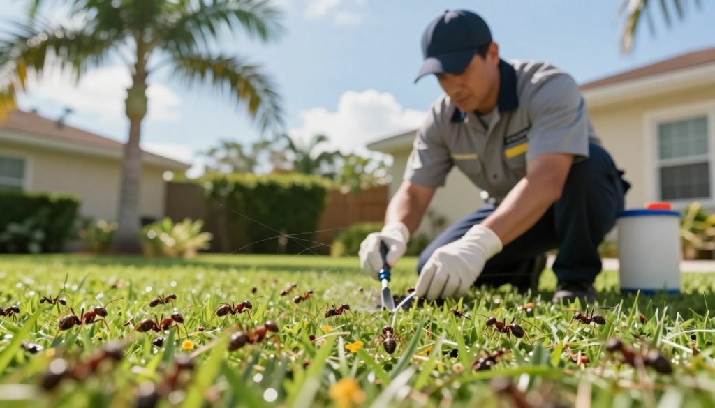 A detailed and informative scene depicting the most common household and yard pests found in Cape Coral, Florida. In the foreground, showcase a vibrant, lush yard with visible pests like ants, mosquitoes, and spiders in a realistic natural setting. The middle ground features a close-up of a pest control professional dressed in a neat uniform, using tools to manage these pests, showcasing expertise and care. The background includes a sunny blue sky and palm trees, emphasizing the tropical atmosphere of Cape Coral. Use soft, warm lighting to create an inviting mood, with a shallow depth of field to draw attention to the pests and the professional's actions. The angle should be slightly elevated, providing a comprehensive view of the scene.