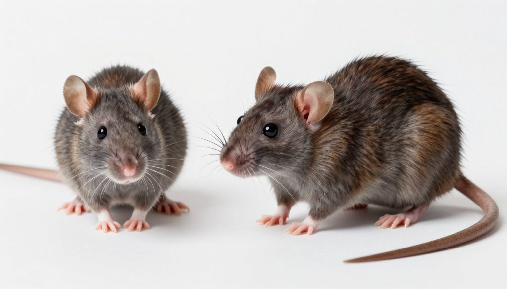 A detailed comparison image featuring a mouse and a rat positioned side by side on a clean, white background for clear visual analysis. The mouse, small and sleek with grayish-brown fur, stands on the left, showcasing its pointed snout and large ears. On the right, a rat is depicted, significantly larger with a robust body and a thicker tail, displaying its whiskers and rounded snout. The image is illuminated with soft, even lighting to avoid harsh shadows, emphasizing the distinct size and physical features of each rodent. The angle is slightly above eye level, providing a comprehensive view of both animals, encapsulating a scientific and informative atmosphere suitable for educational purposes.