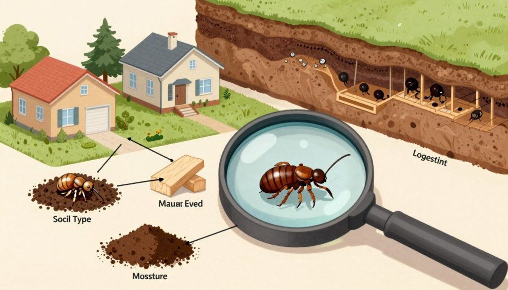 A detailed illustration depicting factors affecting termite treatment effectiveness. In the foreground, a magnifying glass examines elements like soil type, moisture levels, and wood materials, showcasing the intricacies of termite habitats. The middle ground features homes with visible treatment zones marked, emphasizing techniques such as liquid barriers and bait stations. The background presents a cross-section of soil layers and structural foundations, highlighting the various factors influencing longevity, like environmental conditions and exposure. Soft, natural lighting creates an informative and analytical atmosphere, with a focus on clarity and detail in textures. Use a slightly elevated angle for an encompassing view. The image should evoke a sense of professionalism and research, providing a visually engaging understanding of termite control effectiveness.