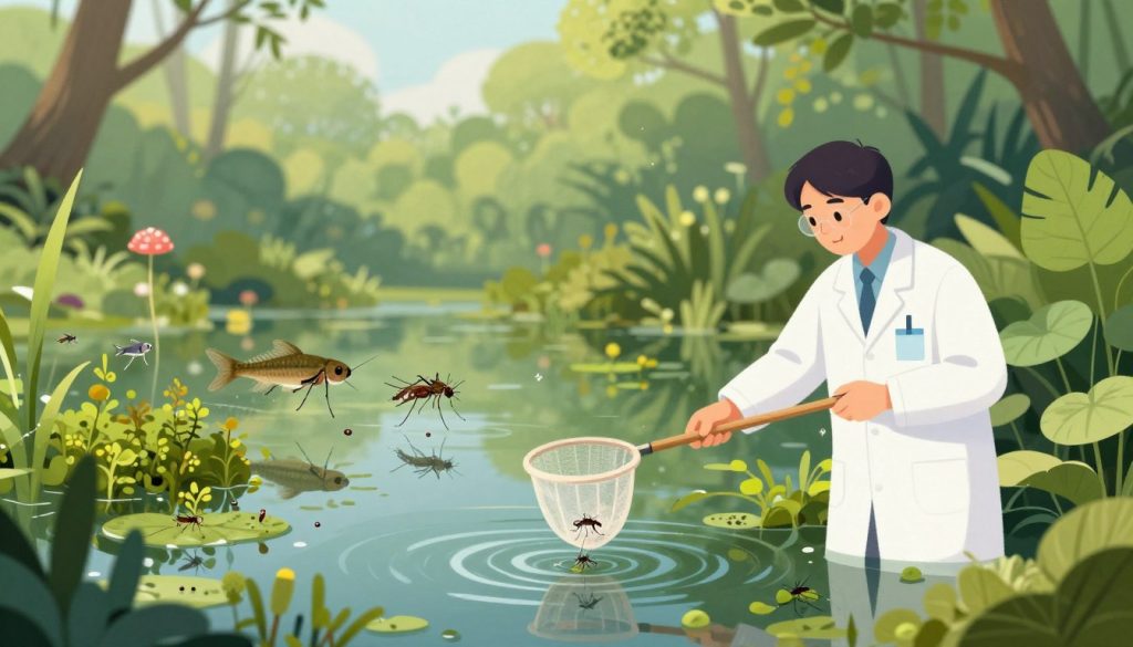 A detailed illustration depicting larval control methods for mosquitoes in a serene wetland environment. In the foreground, a biologist in professional attire is using a small net to collect mosquito larvae from a water sample, surrounded by various aquatic plants. The middle ground features a range of biological control agents, including minnows and predatory insects, showcasing their role in reducing larval populations. The background is filled with lush greenery, reflecting a healthy ecosystem, with soft, natural lighting filtering through the trees, creating a tranquil mood. The scene captures the essence of both biological and chemical approaches, emphasizing the importance of sustainable mosquito control practices. Focus on clarity and educational value, with a wide-angle lens to encompass the diverse methods in action.