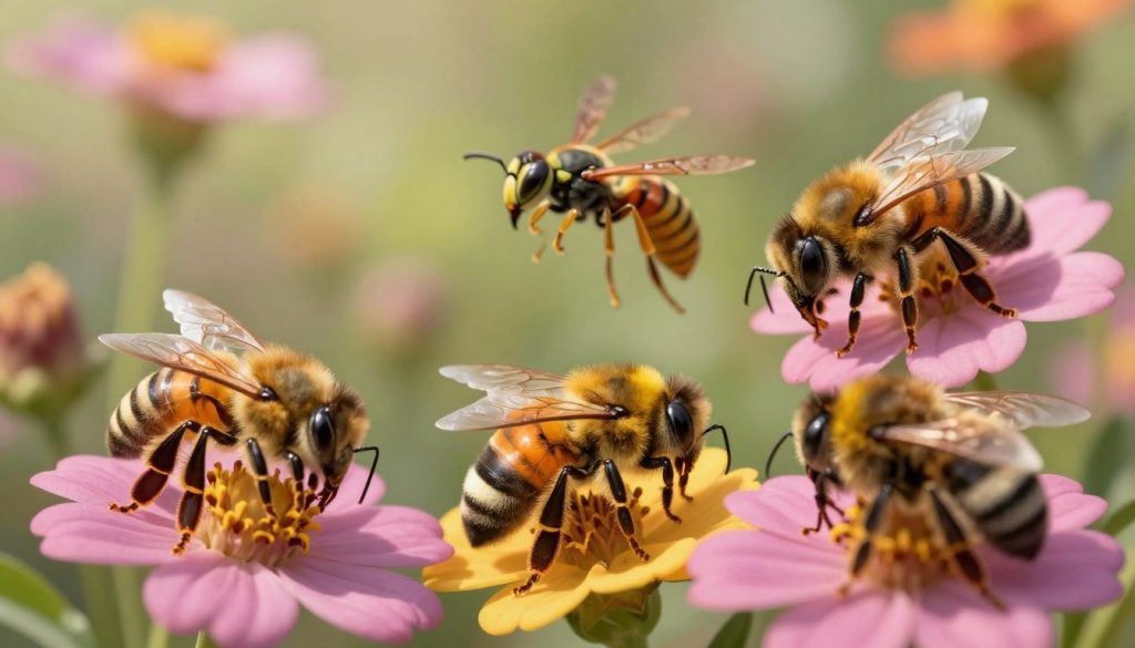 A detailed illustration of different bee species, including a honeybee, bumblebee, and carpenter bee, positioned prominently in the foreground on vibrant flowers. Each bee should be accurately depicted to highlight unique characteristics such as body shape, color patterns, and wing structures. In the middle ground, include a subtle representation of a wasp, contrasting the bees to emphasize differences. The background should feature a soft-focus garden scene, filled with blooming plants under bright, natural daylight to enhance the colorful details of the insects. The image should have a warm, inviting atmosphere, suggesting a peaceful ecosystem. Use a slight macro lens effect to emphasize the intricate details of the bees while ensuring the composition is balanced and clear. Avoid any text or labels in the image.