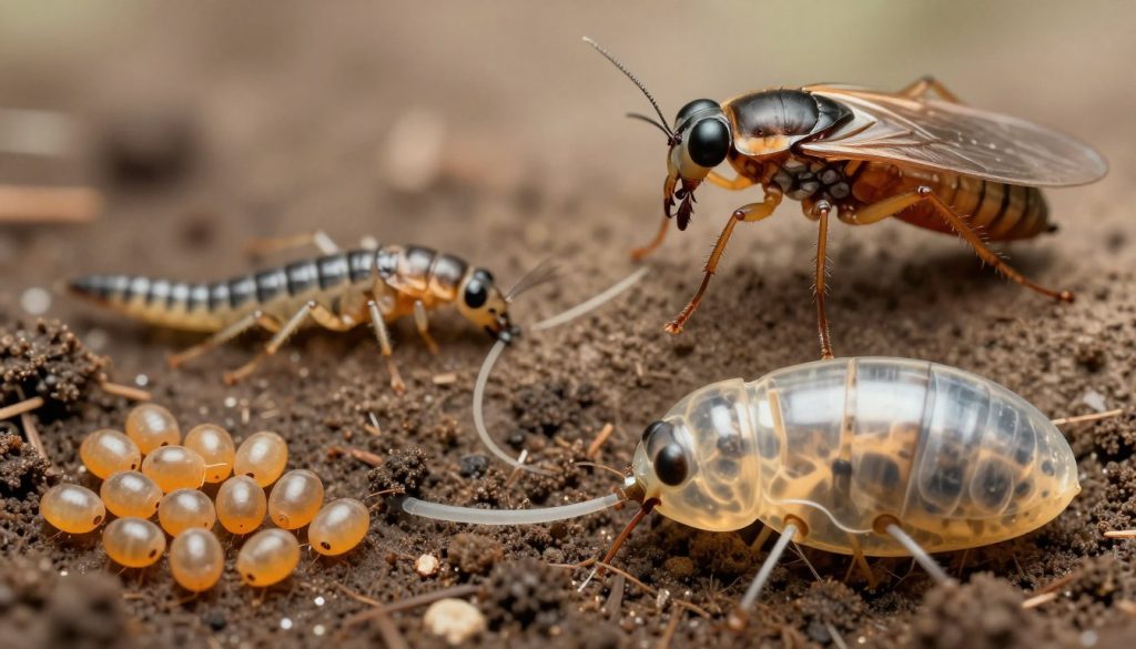 A detailed illustration of the flea life cycle, showcasing four distinct stages: flea eggs, larvae, pupae, and adult fleas. In the foreground, vividly depict a cluster of tiny, oval-shaped flea eggs, glistening slightly. The middle ground shows slim, wriggling larvae with a segmented body, nestled among fine soil particles and organic debris. Next, illustrate the pupae stage, encapsulated in a silky cocoon, semi-transparent to reveal the developing adult flea within. In the background, a mature, detailed adult flea stands out with its characteristic elongated body, long legs, and distinct coloration. Use soft, warm lighting to emphasize the textures of each stage while maintaining a clear focus on the fleas. The overall mood conveys a scientific but engaging atmosphere, suitable for educational purposes.