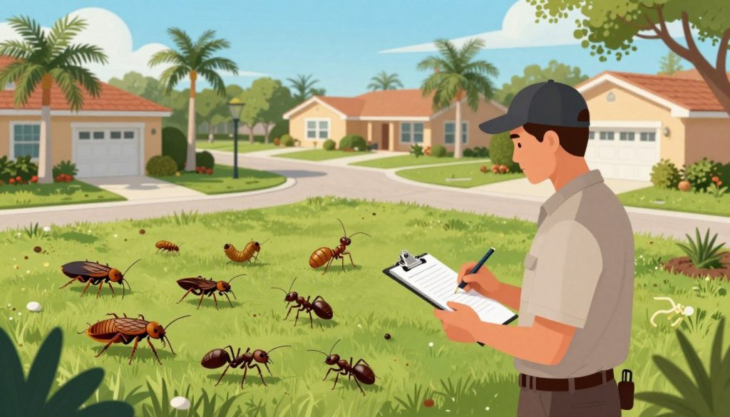 A detailed illustration representing the factors influencing pest control costs in Cape Coral. In the foreground, display a professional pest control technician in modest work attire, examining a residential yard with a clipboard in hand. In the middle ground, include a diverse range of common household pests such as cockroaches, termites, and ants, arranged aesthetically. The background should feature a sunny Cape Coral neighborhood with palm trees and well-kept homes, showcasing the region's environment. Soft, natural lighting illuminates the scene, creating a friendly and inviting atmosphere. The composition should be from a slightly elevated angle, providing a comprehensive view of the interaction between the technician and the environment, emphasizing professionalism and attention to pest management.
