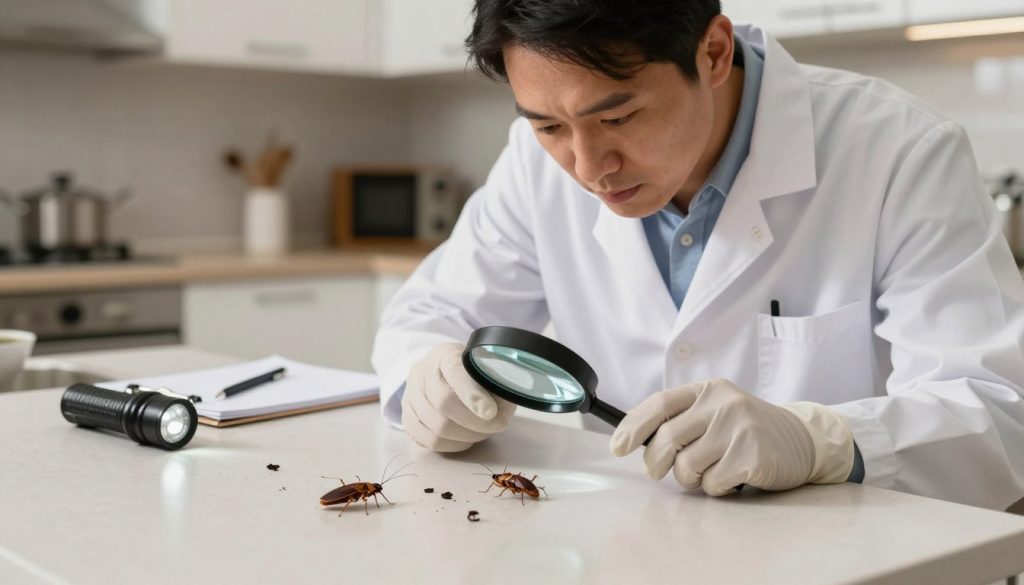 A detailed scene featuring a professional pest control expert wearing a lab coat and gloves, intently examining a residential kitchen for signs of German and American cockroaches. In the foreground, a magnifying glass is focused on a small dark corner where the expert discovers droppings and a few roaches. The middle includes various inspection tools, such as a flashlight and a notepad, meticulously laying on the countertop. The background shows a well-lit kitchen with cabinets and appliances, creating a clean, organized atmosphere. Soft, warm lighting enhances the mood of diligence and care, while the camera angle is slightly above eye level, giving a comprehensive view of thorough inspection in action.