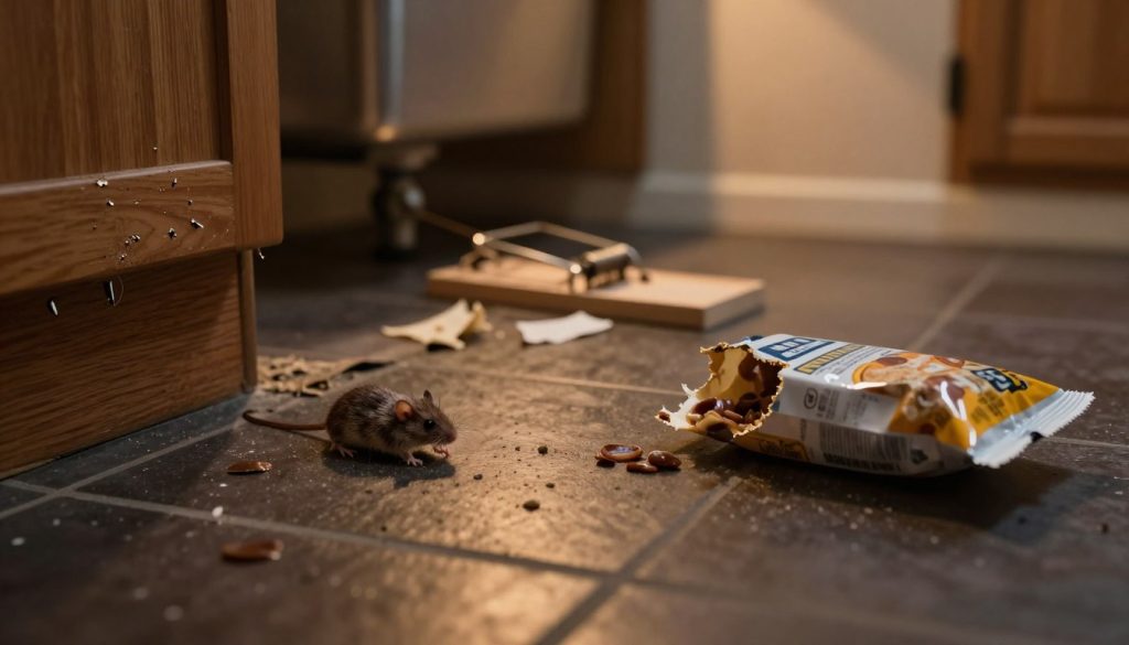 A dimly lit kitchen scene at dusk, showcasing signs of rodent activity. In the foreground, a close-up view of droppings scattered on the dark tiled floor, alongside incisor marks on a wooden baseboard. A partially gnawed food package rests nearby, with food peeking out. The middle ground features a mouse trap set strategically under a sink, alongside a few pieces of shredded paper, indicating nesting. In the background, shadows cast by a flickering light bulb create a slightly eerie atmosphere, emphasizing the urgency of finding and addressing rodent issues. The overall mood is one of concern and awareness, encouraging vigilance in pest control. The composition uses soft focus for depth, with a warm color palette dominated by browns and muted yellows to evoke an unsettling but informative ambiance.