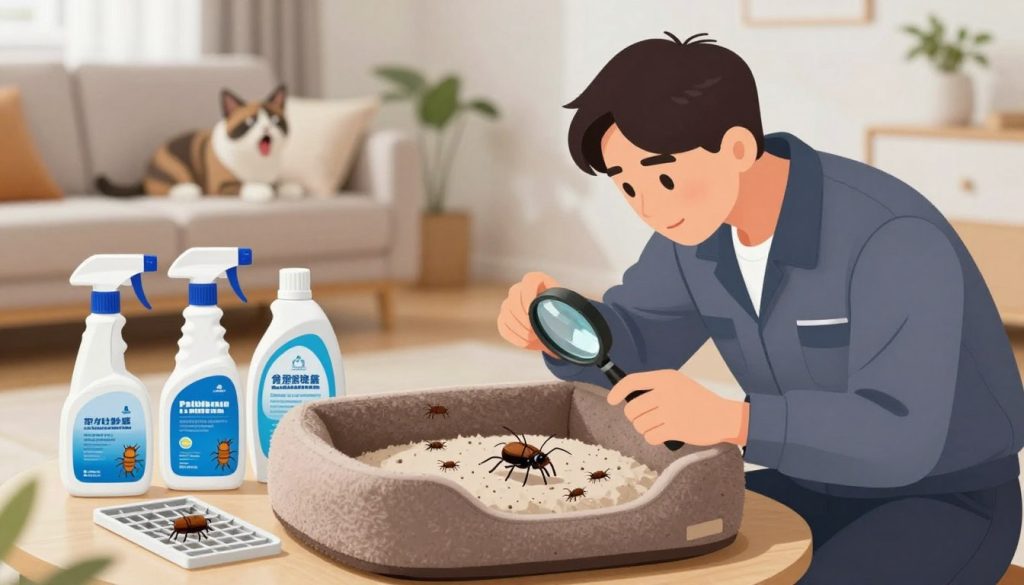 A dynamic illustration depicting the common challenges in flea control in a domestic setting. In the foreground, a professional pest control technician, dressed in smart casual attire, examines a flea-infested pet bed with a magnifying glass. The middle ground features various flea control products, such as sprays and flea traps, strategically placed on a table. In the background, an image of a cozy living room with an anxious pet (a cat or dog) is shown, hinting at indoor flea problems. Soft, natural lighting highlights the scene, creating a realistic, everyday atmosphere. The composition conveys a sense of urgency and professionalism, illustrating the complexities of flea control and the proactive steps taken by experts to combat the issue.