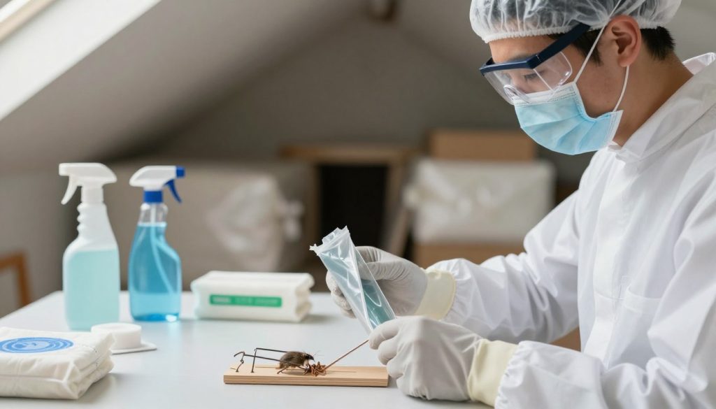 A focused scene depicting a professional in safety gear, including gloves, a mask, and protective glasses, carefully disposing of rodent traps in a well-lit, clean environment. In the foreground, a pair of gloved hands holds a closed disposal bag, emphasizing safety precautions. The middle ground features a sanitized workspace with cleaning supplies, such as disinfectant sprays and wipes, neatly organized on a table. The background shows a dimly lit attic or basement, with sealed entry points and rodent-proofing materials visible. Soft, diffused lighting creates a professional and sterile atmosphere, highlighting the importance of safe rodent disposal and cleanup practices. The image conveys a sense of responsibility, professionalism, and thoroughness, with no text or distractions.