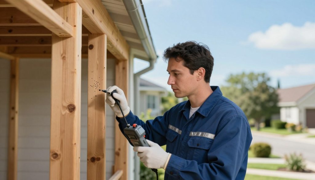 A focused scene depicting a termite control technician in a professional uniform inspecting wooden structures in a suburban home. In the foreground, the technician is using a specialized device to check for termite activity, showcasing attention to detail. The middle ground features elements of a home, such as wooden beams and framed walls, with subtle signs of termite damage being observed. In the background, a clear blue sky and well-maintained greenery highlight a peaceful neighborhood setting, contrasting with the urgency of pest control. Soft, natural lighting fills the scene, creating a professional and informative atmosphere. A shallow depth of field emphasizes the technician’s actions, while maintaining a clean, distraction-free environment. The image should evoke a sense of diligence and expertise in termite management without the presence of any text or branding elements.