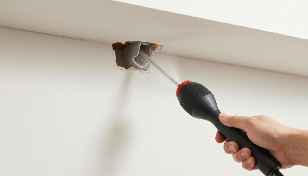 A hand-held bellows duster puffing a fine, barely visible cloud of insecticide dust into a wall void through a small opening behind a pipe.