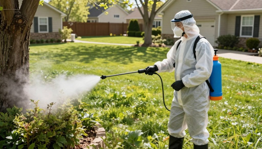 A high-angle photo of a professional pest control technician in protective gear using a high-pressure power sprayer to apply liquid acaricide to the wooded edge of a lush green American suburban backyard during a sunny spring morning.