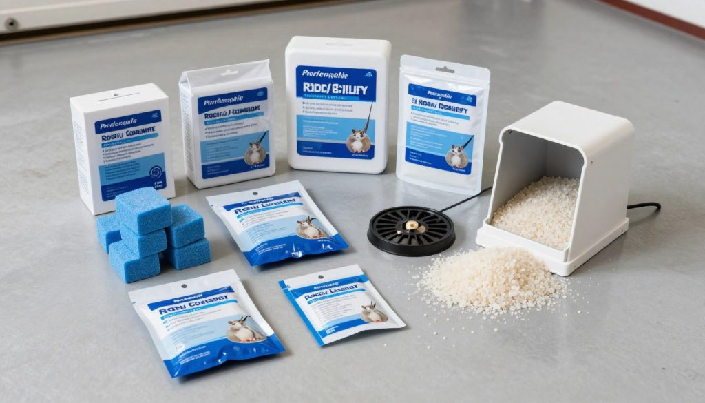 A high-angle shot of various professional rodent control products including blue bait blocks, soft bait packs, and a tamper-resistant bait station on a clean garage floor.