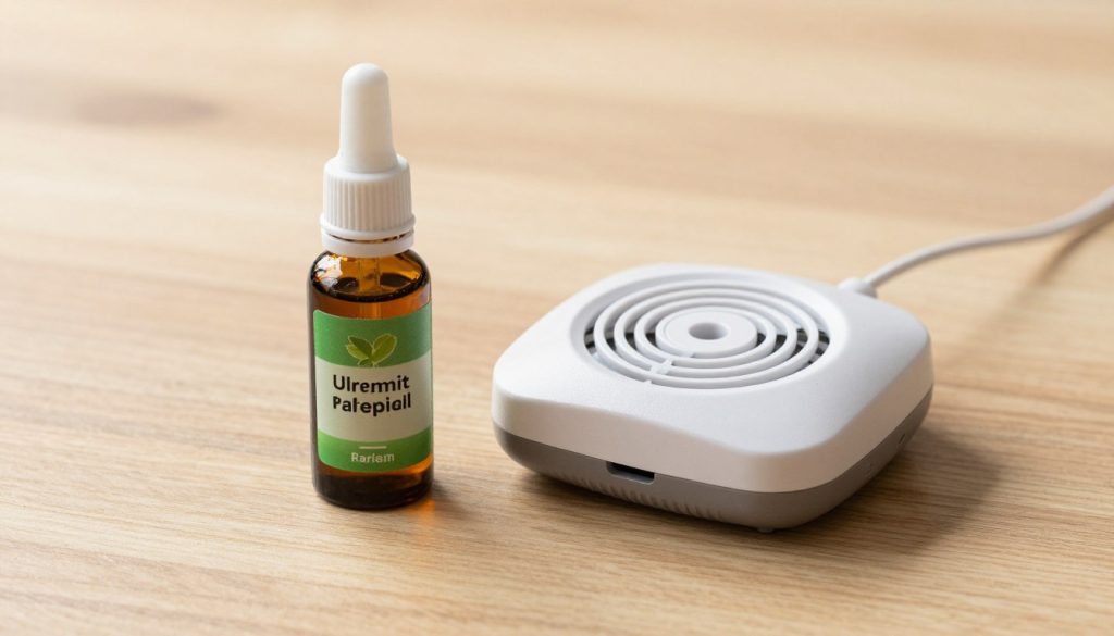 A high-quality photo of a bottle of peppermint oil next to a modern ultrasonic rodent repellent device on a clean wooden floor, natural lighting, professional pest control theme.