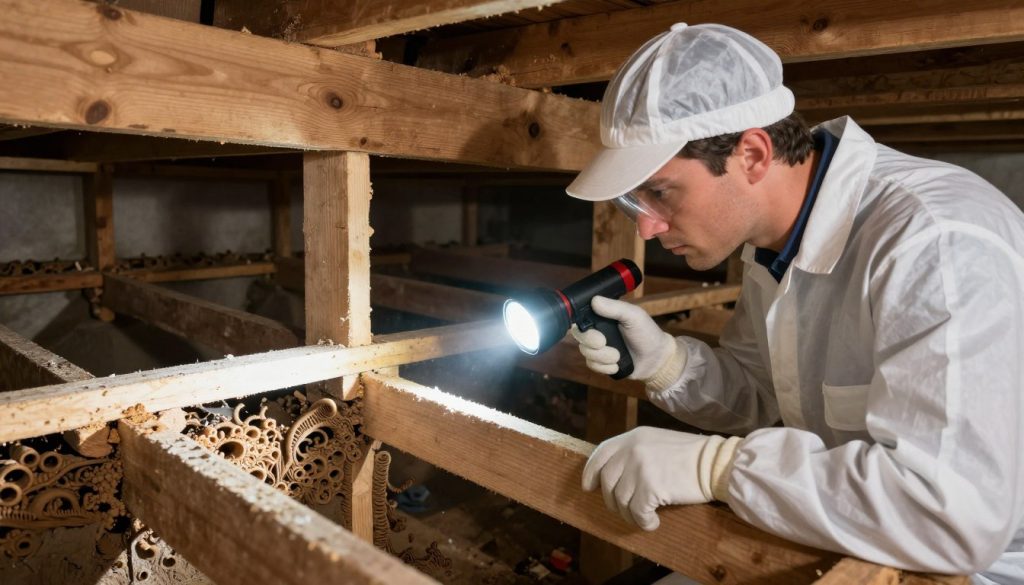 A high-quality, realistic photo of a professional pest control technician in a clean uniform using a high-powered flashlight to inspect the wooden joists and foundation of a residential crawl space for signs of termite mud tubes.