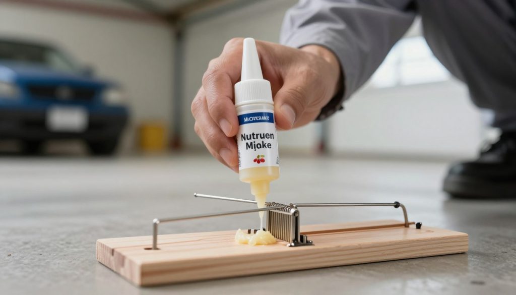 A high-resolution macro shot of a professional pest control technician applying a concentrated nut-scented attractant paste to a snap trap trigger in a residential garage.
