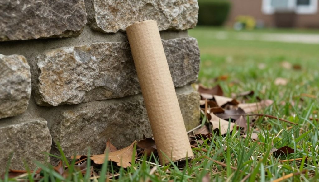 A high-resolution photograph of a biodegradable permethrin tick tube placed discreetly near a stone wall and leaf litter in a suburban backyard, soft outdoor lighting, realistic textures of cardboard and grass.