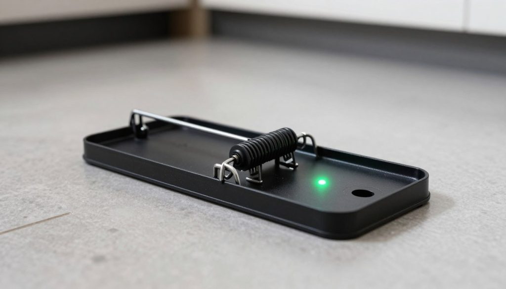 A high-tech electronic rodent trap sitting on a polished kitchen floor, featuring a sleek black plastic casing and a glowing green LED indicator light, professional photography style.