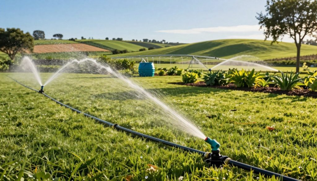 A lush, green lawn showcasing multiple efficient irrigation techniques. Foreground: a close-up of a drip irrigation system with water droplets glimmering in sunlight, highlighting its precision. Middle ground: a well-maintained garden with oscillating sprinklers and a rainwater harvesting barrel, all set under clear, bright blue skies. Background: rolling hills with patches of agriculture using center pivot irrigation, with some distant trees casting cool shadows. Soft, warm sunlight enhances the vibrant greens, creating a welcoming, tranquil atmosphere. The scene captures a balance between nature and technology, emphasizing sustainability and best practices in lawn care. Use a wide-angle lens for a comprehensive view, with a slight focus on the irrigation systems for clarity.