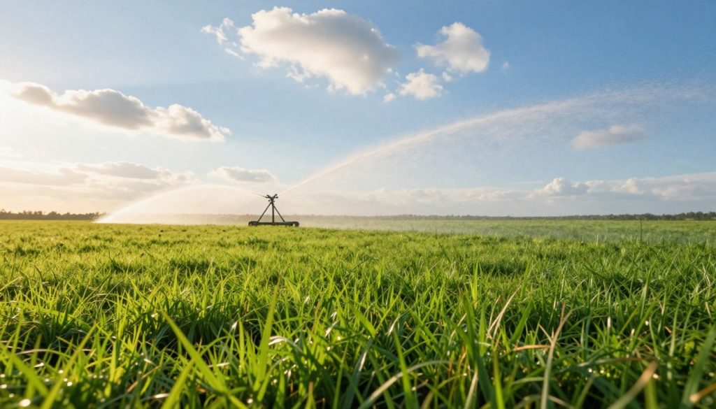 A lush, healthy lawn of vibrant green turfgrass occupies the foreground, showcasing the rich textures and vitality of well-tended blades. In the middle ground, a modern irrigation system is depicted, with sprinklers gently misting water onto the grass, creating a faint rainbow effect in the sunlight. The background features a clear blue sky with soft white clouds, enhancing the tranquil atmosphere of a perfect day for lawn care. The scene is illuminated by warm, golden lighting that evokes a feeling of warmth and nurturing. Capture the importance of irrigation and fertilization through this serene, idyllic landscape, emphasizing the connection between proper care and the health of the turf. Focus on a wide-angle view to encapsulate the entire scene, creating a sense of abundance and professional maintenance.