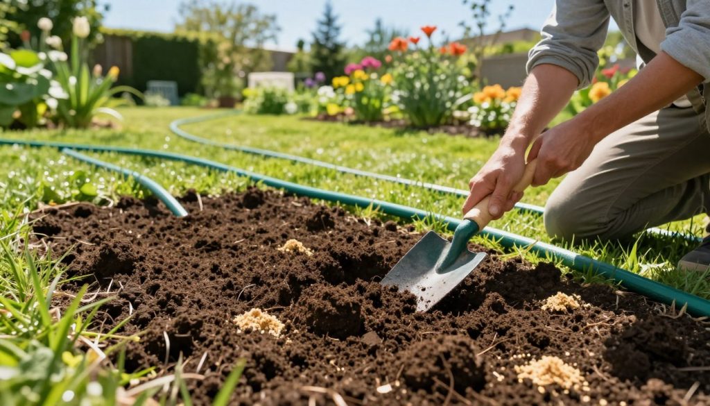 A lush, vibrant garden scene focused on soil preparation for irrigation and fertilization. In the foreground, a gardener in modest casual clothing kneels, using a hand trowel to aerate the rich, dark soil, surrounded by freshly turned earth scattered with natural fertilizers like compost. In the middle, irrigation hoses are being laid out, glistening in the sunlight, demonstrating a meticulous irrigation strategy. The background features green grass and blooming plants under a clear blue sky, with soft sunlight casting gentle shadows, suggesting a warm, inviting atmosphere. The scene is captured from a slightly elevated angle to provide depth, emphasizing the importance of soil preparation in lawn care.