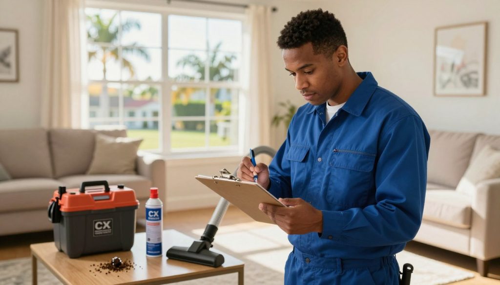 A pest control technician in a professional uniform, meticulously inspecting a home for bugs in a bright, well-lit living room. The technician, a diverse individual, is focused and engaged, using a clipboard and tools while demonstrating a thorough approach. In the background, there's a window showing a sunny Florida landscape, with palm trees visible, suggesting the location of Cape Coral. The middle ground features various pest control equipment neatly organized, including an insect spray canister and a vacuum. The lighting is warm and inviting, creating a sense of safety and professionalism. The overall atmosphere conveys a feeling of trust and expertise in pest management, ideal for illustrating the pest control process at CX Pest Solutions.