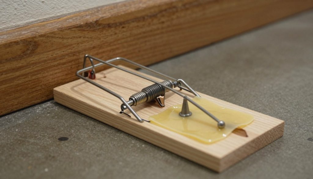 A photo showing a professional rodent glue trap placed flush against a wooden baseboard in a dimly lit basement, highlighting the sticky adhesive surface.