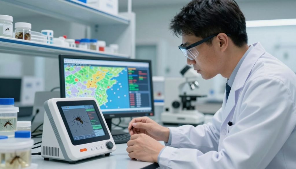 A professional biologist in a lab coat closely examines a digital mosquito population monitoring device, engaged in collecting data. In the foreground, the device displays real-time statistics on mosquito counts and breeding patterns. The biologist has short hair and wears protective eyewear, showing focused concentration. The middle ground features a transparent screen displaying colorful graphs and maps, illustrating areas of high mosquito activity. In the background, a well-organized lab is equipped with scientific instruments and containers filled with mosquito samples. Soft overhead lighting creates a sterile yet inviting atmosphere, while a subtle depth of field blurs the distant background slightly, drawing attention to the biologist and the monitoring device, reflecting a sense of diligence and scientific inquiry in combating mosquito populations.