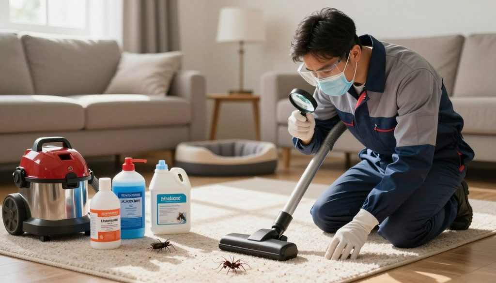 A professional flea exterminator, dressed in a neat uniform with a protective mask and gloves, inspects a living room with a magnifying glass in hand. The foreground shows a vacuum cleaner and pest control equipment neatly arranged. In the middle, a light spills in from a window, casting soft shadows on the floor, highlighting flea treatment supplies and a small section of carpet being examined. The background features a cozy home environment, with a couch and a pet bed, indicating a family-friendly space. The atmosphere is focused and professional, illustrating a thorough inspection process for fleas, conveying a sense of safety and care in pest control. The lighting is warm, suggesting a friendly yet serious approach to dealing with the infestation.