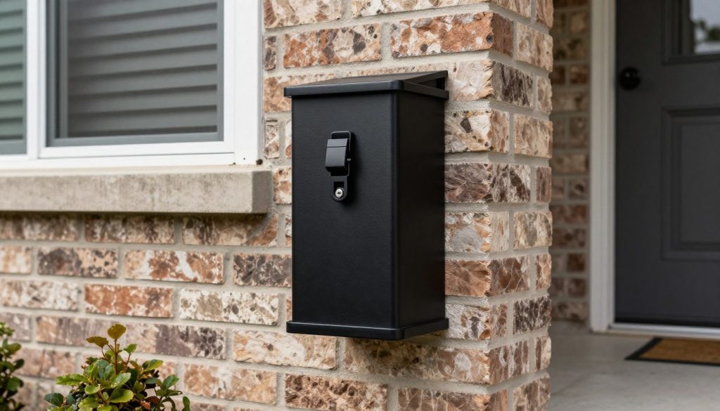 A professional-grade black plastic rodent bait station sitting discreetly against the exterior brick foundation of a modern American house, focused on the sturdy locking mechanism.
