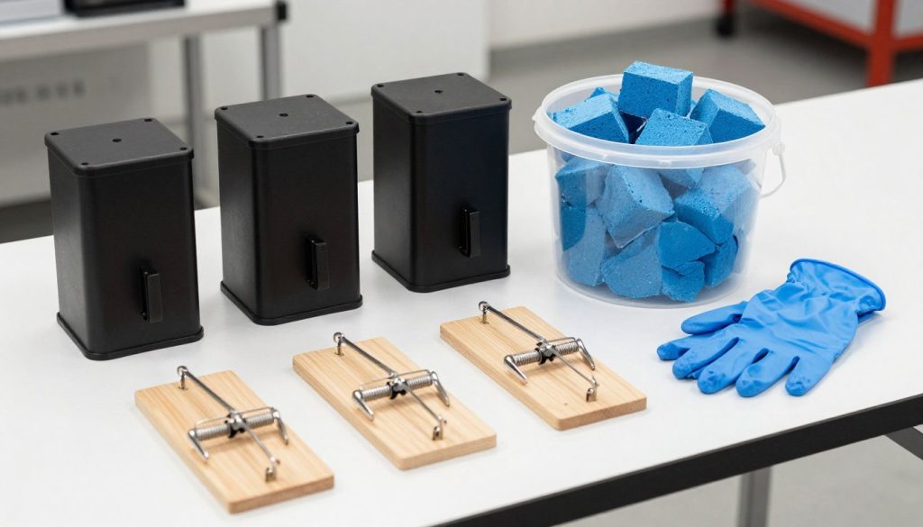 A professional-grade rodent control kit laid out on a workshop table, featuring multiple black tamper-resistant bait stations, a bucket of blue bait blocks, several snap traps, and a pair of nitrile gloves, bright and clear photography, realistic style.