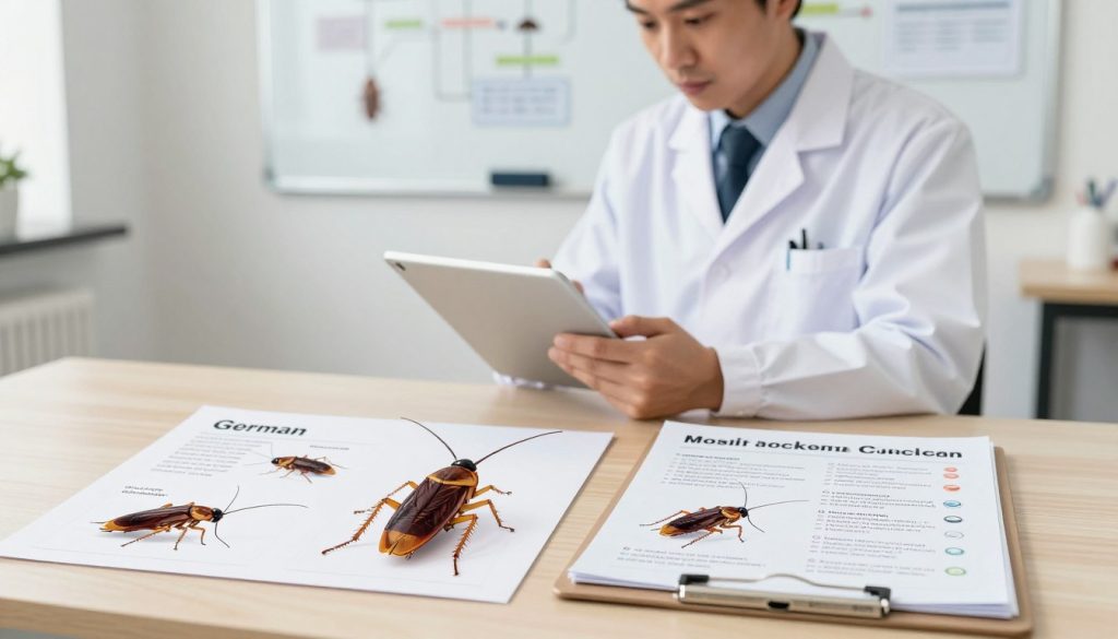 A professional indoor setting showcasing tailored treatment plans for cockroach control, featuring two clear sections representing German and American cockroaches. In the foreground, a neatly organized desk with pest control diagrams, infographics contrasting the two types of cockroaches, and a variety of treatment methods displayed on a clipboard. In the middle ground, a technician in professional attire examines a detailed plan while using a tablet, analyzing data with focused concentration. The background features a clean and well-lit room with a whiteboard displaying a flowchart of the pest control strategies. Soft, natural lighting highlights the workspace atmosphere, creating a mood of professionalism and expertise.