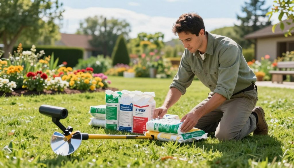 A professional landscaper in modest casual clothing is kneeling on a lush, green lawn, meticulously selecting various bags of fertilizer arranged neatly nearby, showcasing labels like nitrogen, phosphorus, and potassium. In the foreground, a hand-held spreader sits ready for use, reflecting the sunlight. In the middle ground, colorful flower beds are visible, hinting at a vibrant landscape being cared for. The background features a well-maintained garden with trees under a bright blue sky. Soft, natural lighting illuminates the scene, creating a warm and inviting atmosphere. The composition is captured from a slightly elevated angle to provide depth, emphasizing both the selection and application processes essential for healthy lawn care.