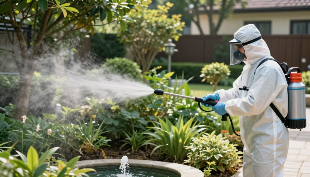 A professional outdoor scene depicting adult mosquito control techniques in action. In the foreground, a pest control technician wearing a protective suit, gloves, and a face mask is using a handheld fogging device to spray a fine mist in a lush garden setting. In the middle ground, various plants and a small water feature, such as a fountain, emphasize the importance of managing breeding grounds. The background features a residential area with well-maintained gardens, trees, and the faint silhouette of a house. The lighting is bright and natural, suggesting a clear day with soft shadows cast by the trees. The mood is proactive and informative, highlighting effective methods to prevent mosquito populations. The angle is slightly elevated to capture the overall setting and the technician's actions.