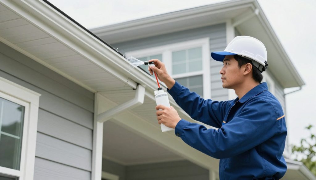 A professional pest control technician applying a clear, microencapsulated chemical barrier to the eaves and siding of a modern two-story residential home to prevent wasps and bees.