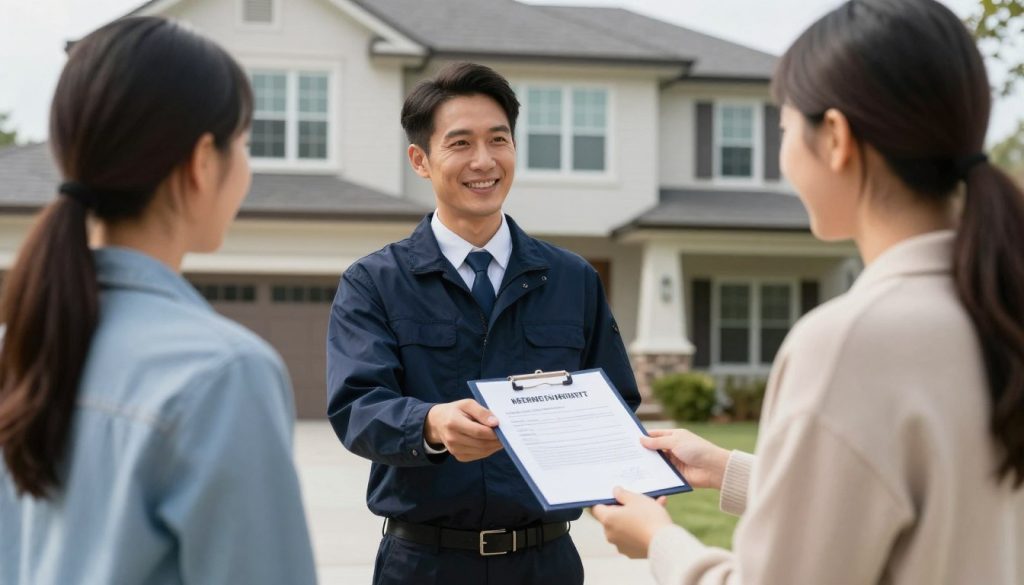 A professional pest control technician handing a formal warranty document to a homeowner in front of a modern American house, high quality, realistic, professional atmosphere.