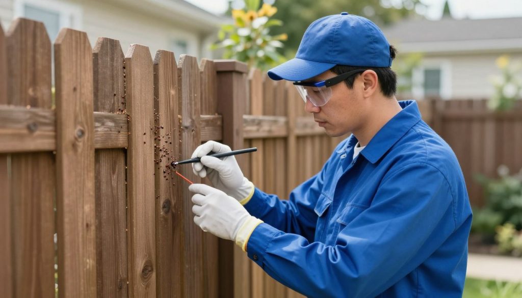 A professional pest control technician in a blue uniform inspecting a residential wooden fence and garden perimeter for ticks, high-quality photography, realistic style, bright daylight.