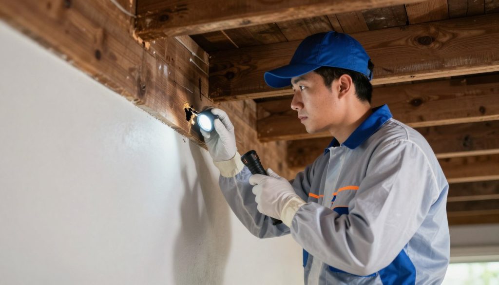 A professional pest control technician in a clean uniform inspecting a residential attic with a flashlight, focusing on sealing a small gap in the exterior structure of a home.