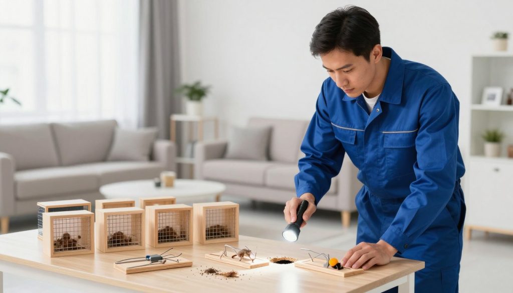 A professional pest control technician in a modern, well-lit home environment. In the foreground, the technician, dressed in a smart uniform, examines entry points for rodent access, holding a flashlight and tools. The middle ground shows various rodent control solutions like traps and bait stations neatly organized on a workbench. The background features a clean, airy living room with visible signs of rodent activity such as small holes and droppings, subtly integrated into a safe and realistic domestic setting. The lighting is bright and natural, emphasizing the clean and professional atmosphere. A sense of urgency and solution-oriented purpose pervades the scene, illustrating the proactive steps taken in rodent control.
