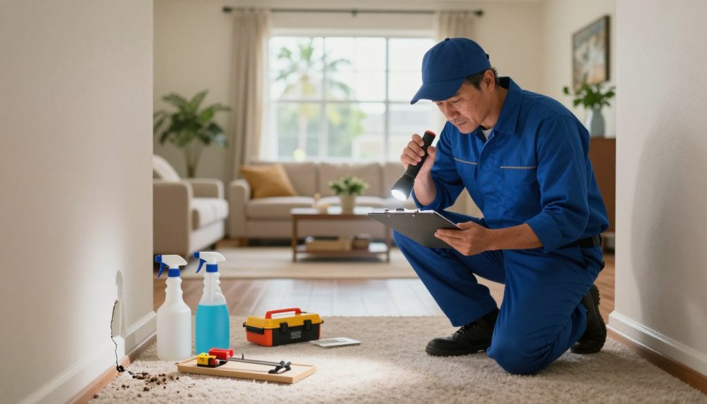 A professional pest control technician in a smart uniform examines a modern home interior with a flashlight and clipboard, focused on identifying potential pest issues. In the foreground, various tools including traps, spray bottles, and inspection equipment are neatly arranged. The technician, a middle-aged individual with a focused expression, kneels on the carpet, inspecting a crack in the wall. In the middle ground, the living area is well-lit, showcasing an inviting atmosphere with comfortable furniture and potted plants, hinting at the home's warm ambiance. The background features a sunny window, casting soft, natural light across the room, creating a sense of safety and cleanliness. The entire scene conveys professionalism, diligence, and care in pest control services, set in a suburban Florida home.