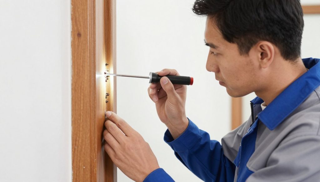 A professional pest control technician in a uniform inspecting a wooden door frame for termite damage using a flashlight and a probe, high-quality photography, bright residential setting.